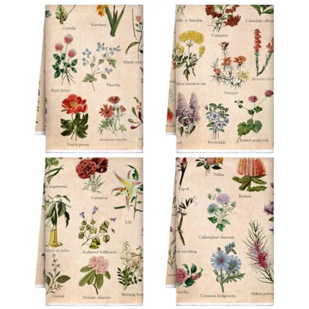 4 Pcs Floral Kitchen Towels Plant Hand Towels Rustic Flower Tea Towel